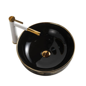Lavabo rond en céramique noir et or, design élégant, pour hôtel de luxe, lavabo de salle de bain doré à poser sur le comptoir - Product Image 4
