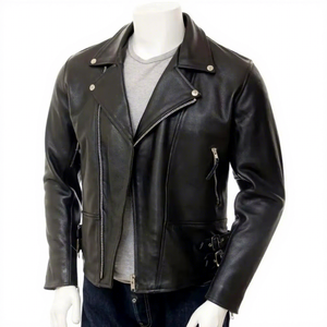 Veste en cuir véritable noir pour homme, coupe ajustée, style motard, asymétrique, avec fermeture éclair croisée, en cuir de vachette, boucle latérale, classique et personnalisable - Product Image 1