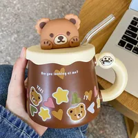 450ml mignon tasse en céramique avec couvercle cuillère petit déjeuner lait tasses jus tasse belle ours tasse à café bureau à domicile Couple tasse à eau