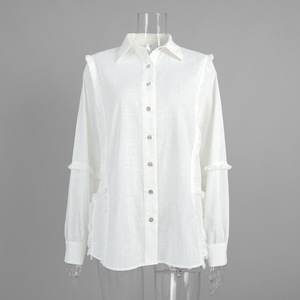 Camicetta in cotone <span class=keywords><strong>con</strong></span> <span class=keywords><strong>frange</strong></span> personalizzata Primavera 2026 - <span class=keywords><strong>Camicia</strong></span> oversize a maniche lunghe <span class=keywords><strong>con</strong></span> colletto a risvolto, OEM/ODM da fabbrica di abbigliamento cinese - Product Image 4