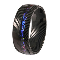 Bague en acier damas noir plaqué IP de 8 mm avec motifs gravés, incrustation d'opale bleue et de météorite, bague damas pour homme