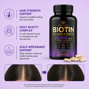 Suplemento de Biotina al por Mayor, Certificado GMPC e ISO, Sin OMG, Nutre el Cabello, la Piel y las Uñas, Apoyo Nutricional, Cápsulas de Colágeno y Queratina - Product Image 5