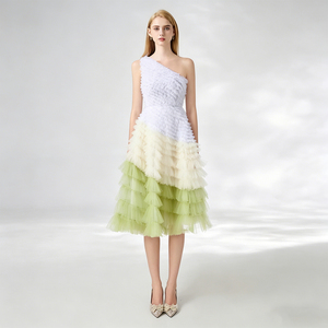 Vestido Midi Ombre de un Hombro para <span class=keywords><strong>Mujer</strong></span> con Volantes en el Corsé y <span class=keywords><strong>Falda</strong></span> de <span class=keywords><strong>Tul</strong></span> Escalonada, Elegante para Fiestas Formales y Cócteles - Product Image 1