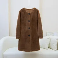 Nouveau design 2026 – Manteau long en laine d'agneau pour femme, col rond, en peau de mouton, manches longues JT642