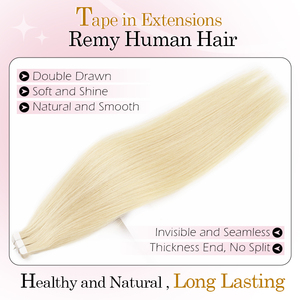 Extensions de cheveux à bandes adhésives double épaisseur 3cm*0.8cm, invisibles, saines, brillantes, en cheveux humains Remy, ondulation lisse soyeuse chinoise - Product Image 5