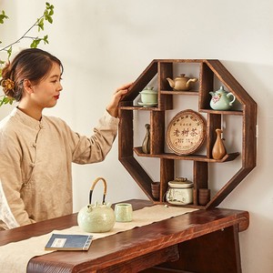 Étagère de présentation en bois massif de style chinois, multi-compartiments, murale, pour le rangement de services à thé, pour chambre à coucher - Product Image 1