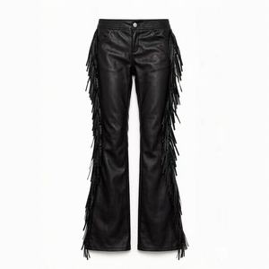 Pantalon <span class=keywords><strong>long</strong></span> en cuir véritable style motard, taille basse, avec franges et volants discrets, nouvelle collection automne 0019 - Product Image 6