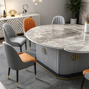 Ensemble de table à manger en pierre frittée, base de meuble de rangement cannelée, chaises de salle à manger en cuir PU bicolore - Product Image 4