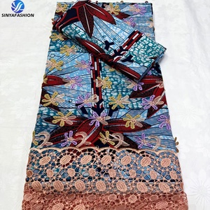 Sinya Luxe 3 Yards 100% Coton Ciré avec Applique 3D <span class=keywords><strong>Dentelle</strong></span> Guipure Cordon Assorti 2 Yards Tissu Imprimés Cire Africains <span class=keywords><strong>Pagne</strong></span> - Product Image 4