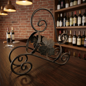 Porte-bouteilles autoportant en métal noir avec motif feuille de vigne, design élégant pour présentation de bouteilles - Product Image 3