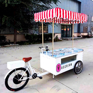 Electric Ice Cream Bike Cart with Red White Stripe Canopy and Storage Box Food Truck Q235B Steel Car <b>Paint</b> - Product Image 1