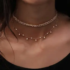 Fashion and creative round bead chain geometric water drop Star diamond studded multi-layer necklaces