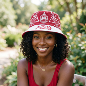 Personalized Cotton Fabric Greek Chapter Membership Recognition <strong>Red</strong> White Sorority Style Casual <strong>Bucket</strong> <strong>Hat</strong> - Product Image 1