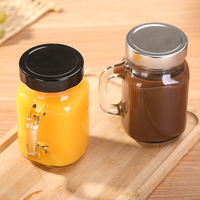 Pot en verre carré transparent de qualité alimentaire de 500 ml avec poignée et couvercle en métal pour jus, smoothie, boisson froide