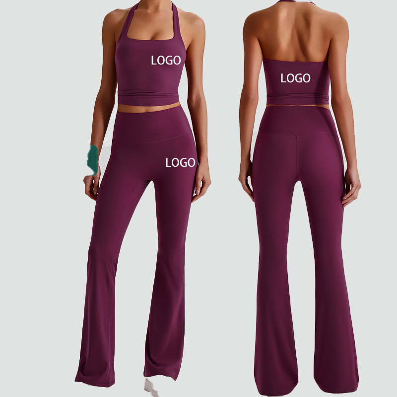 High-end Brushed Solid Yoga Set Halter Neck tank Top Breathable Spandex/Nylon Sports Wear for Women Running Workout Set 6950