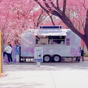 Remorque en acier inoxydable rose pastel et violet à motifs floraux avec graphismes personnalisés pour la vente de café, pâtisseries, glaces et restauration rapide en automne dans les parcs - Product Image 4