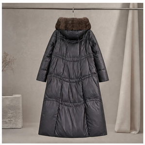 Neuer Winter-Daunenmantel aus Leder mit Natürlichem Fuchspelzkragen, Langer Damen-Steppmantel mit Geraffter Taille zur Figurformung für den Alltag - Product Image 4