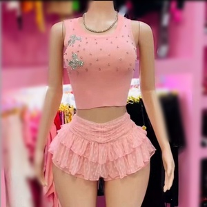 Viviblook Z722ST06 Women Casual Suit <b>Knitted</b> Sleeveless Tank Top Lace Mini Skirts Cake Skirt Two Piece <b>Set</b> for Ladies - Product Image 1