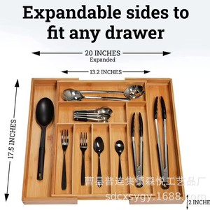 Organizador de cajones de bambú rectangular con compartimentos para almacenamiento de cubiertos, uso en gabinetes de cocina, color madera natural - Product Image 4
