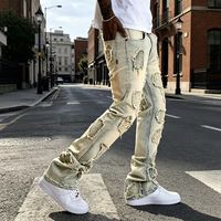 Jean pour homme brodé sur mesure, style streetwear, design déchiré, pantalon évasé superposé, denim uni délavé, hip-hop