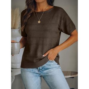 FOXA Suéter de manga corta para mujer, cuello barco de ganchillo, top informal ligero, ropa de verano para vacaciones en la playa - Product Image 2