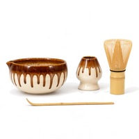 Ensemble de thé matcha en céramique 4 pièces : Bol Chawan avec bec verseur, Fouet en bambou Chasen, Support pour fouet, Cuillère Chashaku, Glaçure goutte à goutte