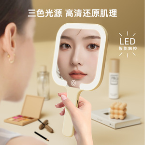 Portable <b>Makeup</b> <b>Mirror</b> With Led <b>Light</b> Square Khaki Aluminum Lens Touch Control For Home And Students - Product Image 4