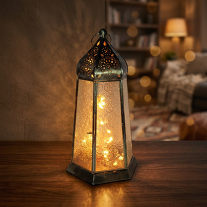 Lanterne marocaine en métal, porte-bougie LED sans flamme, verre hexagonal gaufré, décoration artisanale pour la maison - Product Image 1
