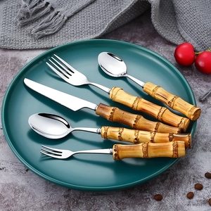 Dao muỗng nĩa món tráng miệng ngã ba muỗng cà phê <span class=keywords><strong>Flatware</strong></span> <span class=keywords><strong>Set</strong></span> tinh khiết tự nhiên thép không gỉ thiết lập dao kéo với tre xử lý - Product Image 1