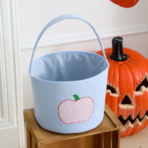 Secchiello di Halloween Personalizzato con Applicazione di Zucca, in Tela a Quadretti Blu e Rosa, Cestino Riutilizzabile per Dolcetti e Regali per Feste di Halloween - Product Image 3