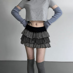 Korean Style Y2K Color Block Striped Mini <b>Skirt</b> Women <b>Low</b> <b>Rise</b> Layered Ruffle Tiered Cake <b>Skirt</b> Street Style - Product Image 3