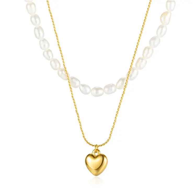2022 Hot Sale IP Gold 316L Stainless Steel Double Layers Necklace With Freshwater Pearls And Heart Pendant For Women And Girls