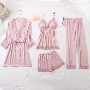 Nouveaux vêtements de nuit en satin de soie Premium Sex Temptation <span class=keywords><strong>Lacd</strong></span> Pyjamas 4pcs Pyjamas Set pour femmes - Product Image 3