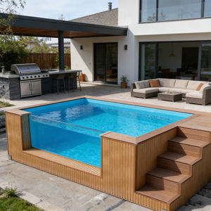 Piscine hors sol ronde moderne avec bancs en bois intégrés et pompe de filtration contrôlée par smartphone - Product Image 3