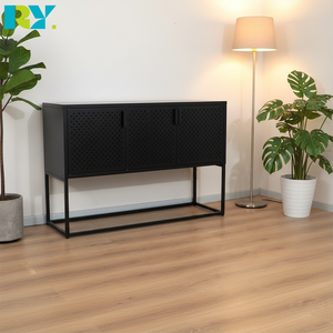 Meuble <span class=keywords><strong>TV</strong></span> moderne pliable en acier noir avec panneaux de porte perforés pour salons, chambres ou bureaux - Product Image 2