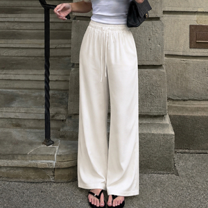 Lazy Style Basic Solid Color Elastic Drawstring <b>Tie</b> Silk Satin Casual Pants Home Wear Draped Versatile Straight Leg Long Pants - Product Image 4