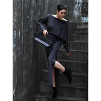 2026 Musim Gugur/Dingin Elegan Satu Bahu Belahan Samping Streetwear Modis Rajutan Pinggang Tinggi Slim Fit Bodycon Eropa Prancis Panjang