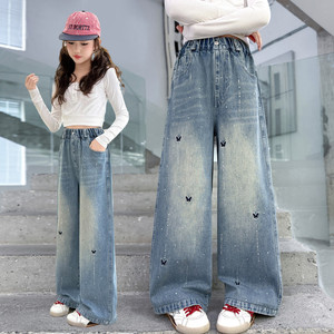 Jeans in denim primaverili da ragazza 2026, nuovo stile coreano e occidentale, casual, vestibilità ampia, vita alta, chiusura elastica, pantaloni a gamba larga - Product Image 2