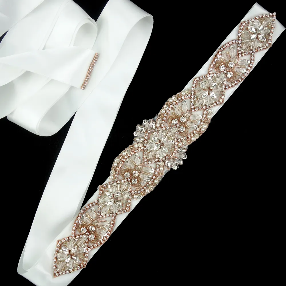 Desain Vintage Mawar Emas Mutiara dan Berlian Imitasi Sabuk Pinggang Kristal Sabuk Selempang untuk Gaun Pengantin Gaun Pengiring Pengantin