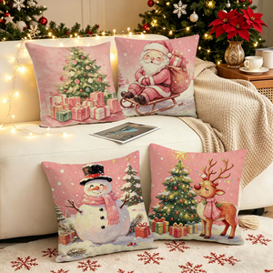 Housse de coussin décorative pour Noël, motifs Père Noël, sapin, renne, bonhomme de neige, couleur rose, pour les fêtes de Noël - Product Image 1