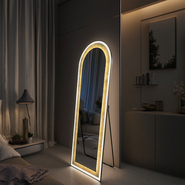 Arched LED Dressing Mirror Crush Diamond 3 Colors Bevel Mirror for Bedroom Smart Touch Floor Large Full Length Modern LED Mirror