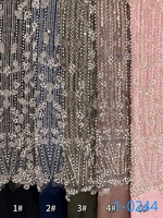 Tissu en dentelle de tulle français brodé de luxe, orné de perles 3D et de paillettes violettes, pour robe de soirée ou de mariée, 5 yards