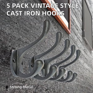 5 Pack Durable Cast Iron Powder Coated Double <b>Hooks</b> <b>Wall</b> Mounted Vintage Style Coat <b>Hooks</b> (Antique Black) - Product Image 2