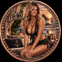 Pièce de collection en cuivre pur .999 de 1 once avec relief 3D, collection Beautés Sensuelles, thèmes Plage au coucher du soleil, Déesse au repos, Art, Bullion, Voilier, Champagne, Pièce de défi, Cadeau