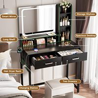 Coiffeuse moderne avec multiprise intégrée, miroir sur pied éclairé, tiroirs et étagères pour chambre à coucher/salon