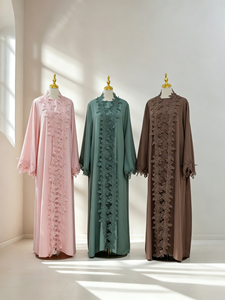 Abaya pour femmes musulmanes, robe longue modeste avec empiècements en dentelle, cardigan avec robe intérieure sans manches, ensemble 2 pièces (1184) - Product Image 6
