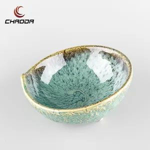CHAODA 6/7 inch Creative Design Ceramic Bowls Green Porcelain Irregular Bowl Salad Bowl Set For Serving Salad Soup And Fruit
