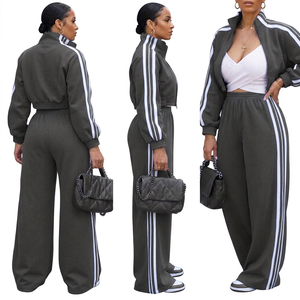 Conjunto Deportivo de 2 Piezas para Mujer, Chaqueta con Cierre y Pantalones Anchos a Rayas, Estilo Casual Deportivo, Manga Larga, Tejido 100% Algodón - Product Image 1