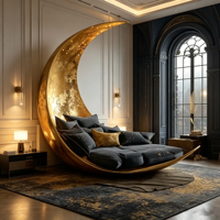 Lit en forme de croissant de lune Starry Canopy, cadre en fibre de verre noir, revêtement en lin, pour chambre à coucher moderne et luxueuse