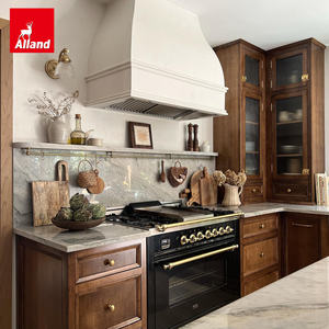 Alland ISO 9001 ערכות עץ שלמות אירופאיות סִגְנוֹן אדום אלון אגוז ארון מטבח עם כיור ותנור עם דלת זכוכית מחורצת - Product Image 2